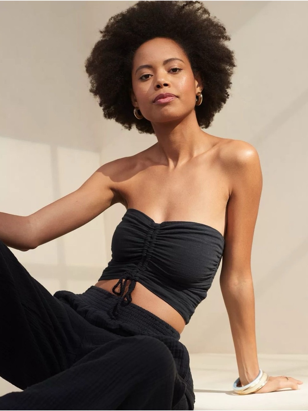 aerie Black Ruched Tube Top with Adjustable Tie